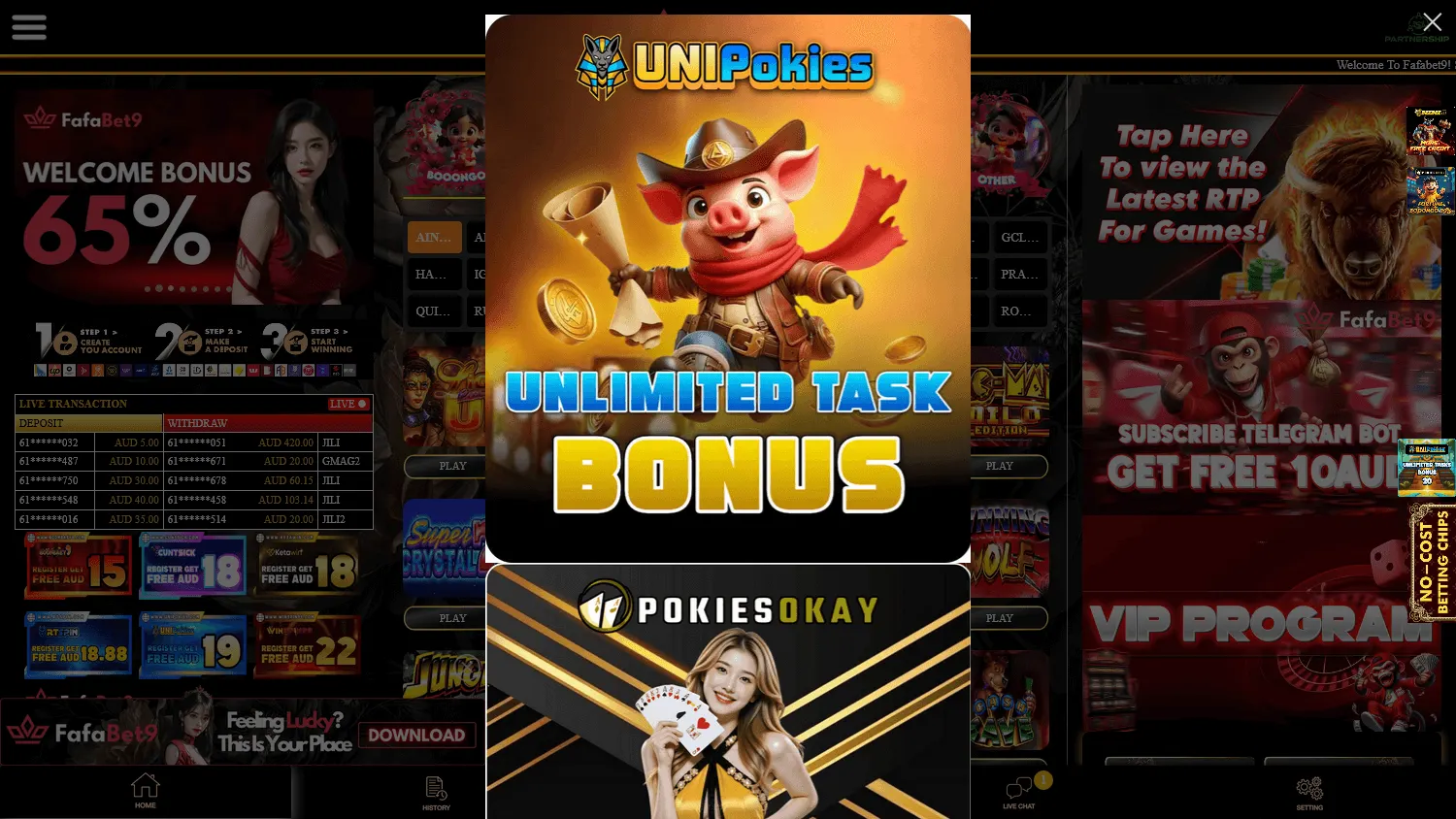 Fafabet9 Casino desktop home screen with the $28 no deposit offer and AUD casino information