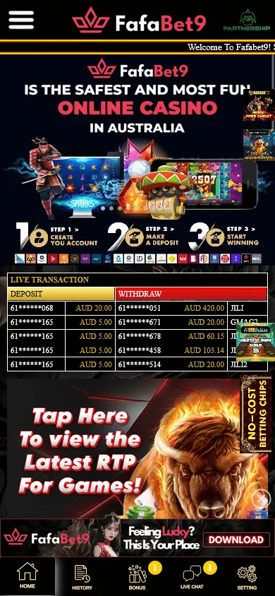 Fafabet9 Casino mobile games area with slots, live games and other casino categories