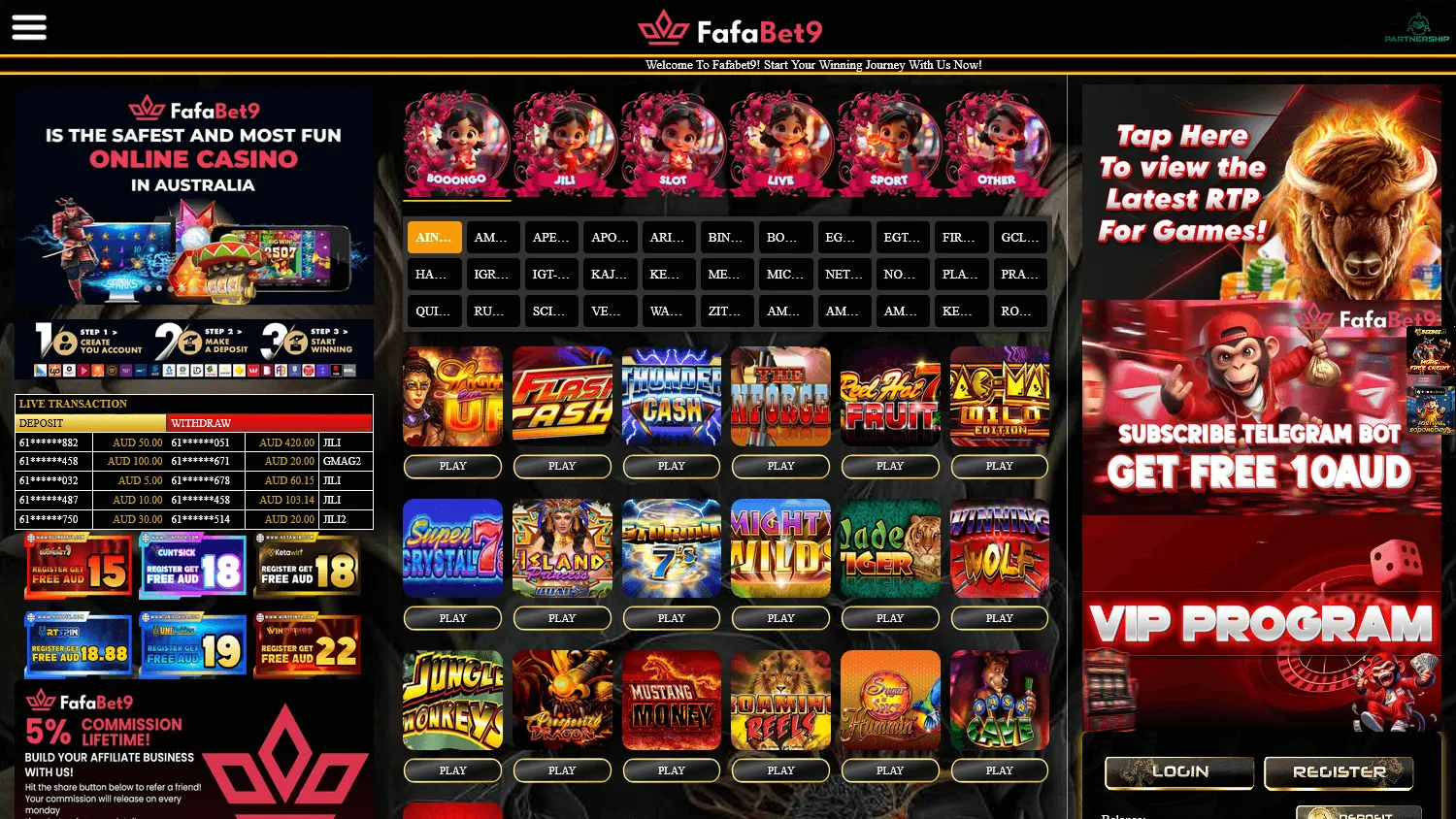 Fafabet9 Casino desktop games area with casino categories and titles from its provider catalogue