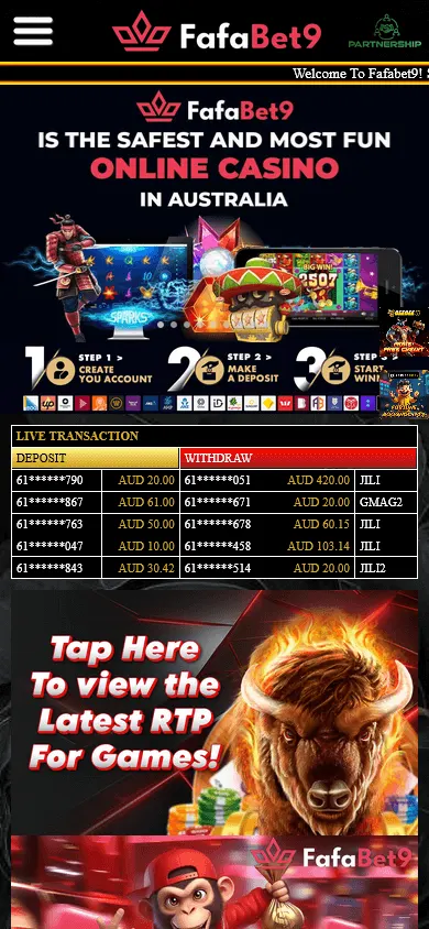 Fafabet9 Casino mobile home screen with AUD support and the account-based casino offer